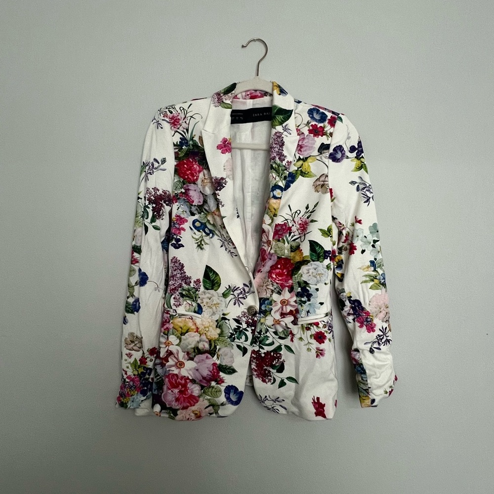 Zara White Floral Blazer Structured Tailored Jacket